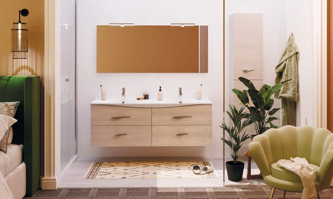 Meuble double vasque FLORE Chêne grisé avec miroir et spots LED meuble double vasque Flore, chêne grisé
