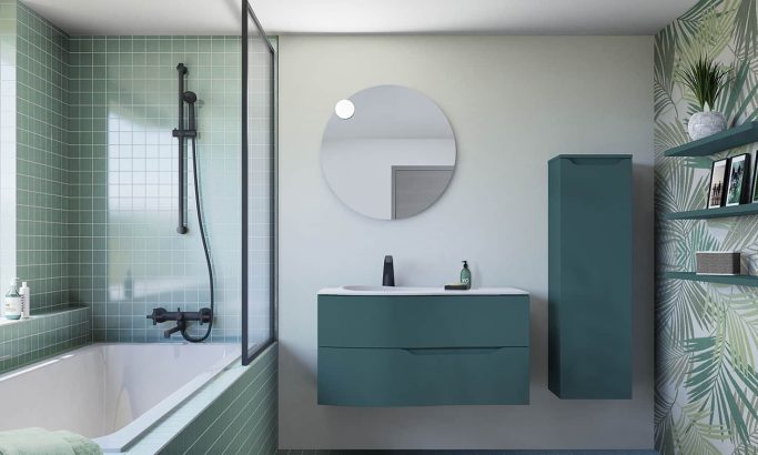 Meuble vasque L100 Gauche ELOGE couleur Toundra avec robinetterie, miroir, spot, tablettes et demi-colonne meuble vasque ELOGE, Toundra, 100 cm