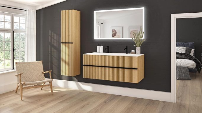 Meuble vasque Woody 120 façade chêne rainurée plan monobloc- Decotec Meuble vasque Woody 120 façade chêne rainurée plan monobloc- DECOTEC
