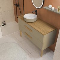 Thumbnail of http://Bento%20L120%20Cappuccino%20mat%20-%20plan%20Chene%20+%20vasque%20Perle%20laquee%20-%202T%20poignee%20Flap%20Chene%20massif%20-%20Miroir%20LED%20First%20Oblong%20Noir