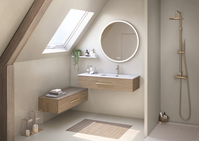 Bento L120 Chene Brun - poignee Flap dore brosse - miroir First rond-RGB